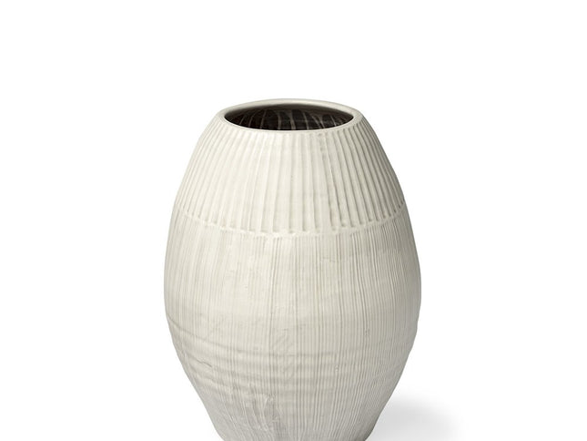 21" White Striped Ceramic Cylinder Floor Vase