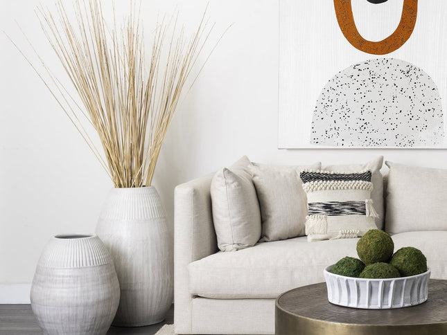 21" White Striped Ceramic Cylinder Floor Vase