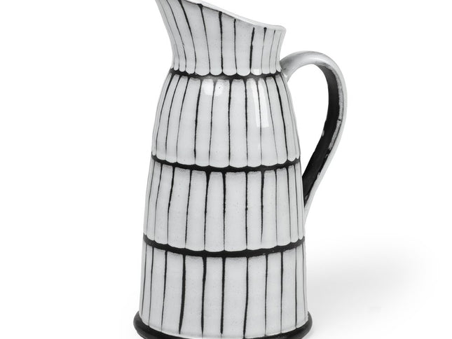 13" Black And White Ceramic Cylinder Jug Vase With Sculptural Details