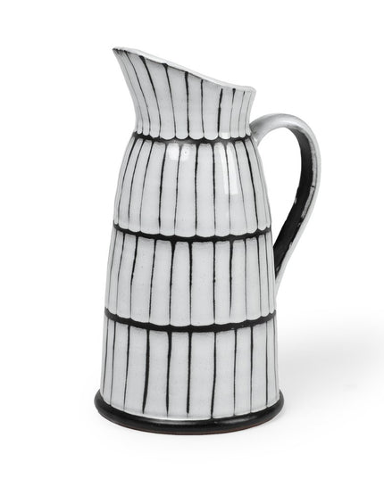 13" Black And White Ceramic Cylinder Jug Vase With Sculptural Details