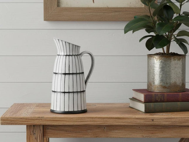 13" Black And White Ceramic Cylinder Jug Vase With Sculptural Details