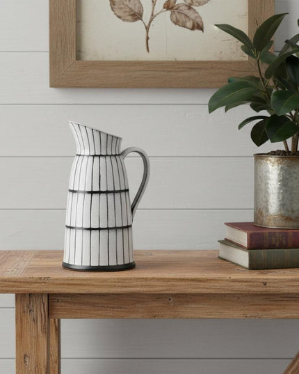 13" Black And White Ceramic Cylinder Jug Vase With Sculptural Details