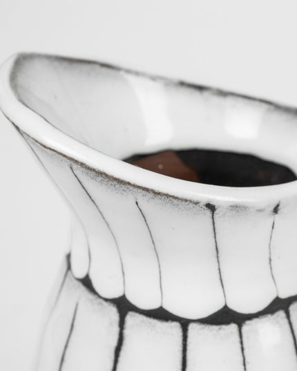 13" Black And White Ceramic Cylinder Jug Vase With Sculptural Details