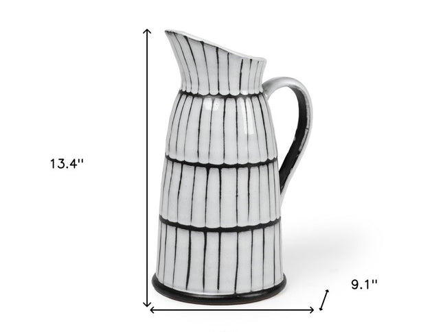 13" Black And White Ceramic Cylinder Jug Vase With Sculptural Details