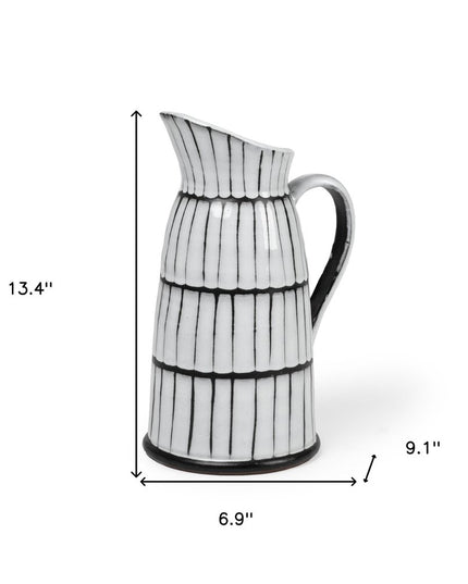13" Black And White Ceramic Cylinder Jug Vase With Sculptural Details