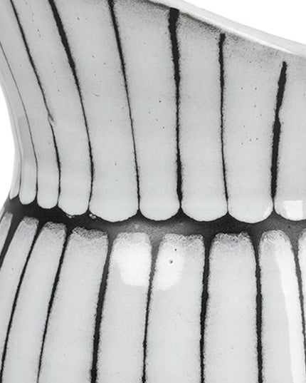 13" Black And White Ceramic Cylinder Jug Vase With Sculptural Details