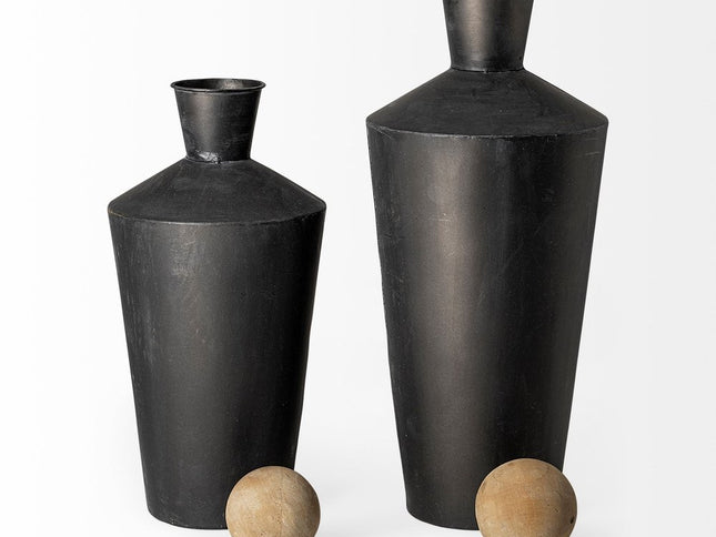Set of Two Black and Brown Metal Cylindrical Urns