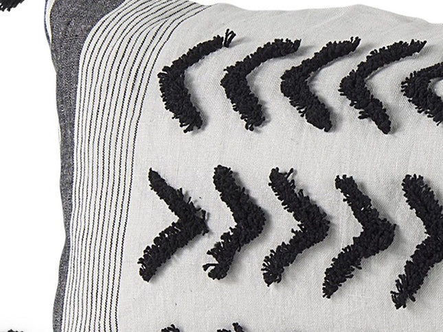 White And Gray Fringed Lumbar Pillow Cover