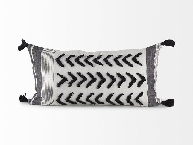 White And Gray Fringed Lumbar Pillow Cover