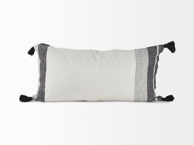 White And Gray Fringed Lumbar Pillow Cover