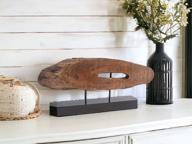 15" Brown and Black Wood and Metal Tabletop Sculpture