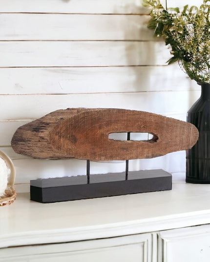 15" Brown and Black Wood and Metal Tabletop Sculpture