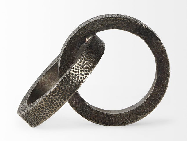 Two Ring Gray Hammered Metal Sculpture