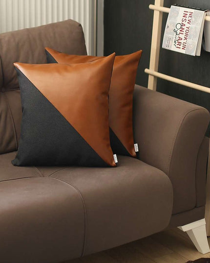 Set of Two 18" Black And Brown Faux Leather And Fabric Throw Pillow Covers