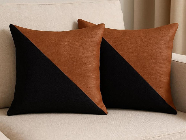 Set of Two 18" Black And Brown Faux Leather And Fabric Throw Pillow Covers