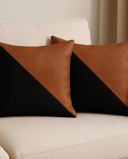 Set of Two 18" Black And Brown Faux Leather And Fabric Throw Pillow Covers