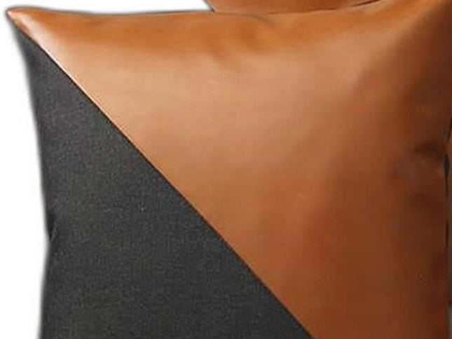 Set of Two 18" Black And Brown Faux Leather And Fabric Throw Pillow Covers