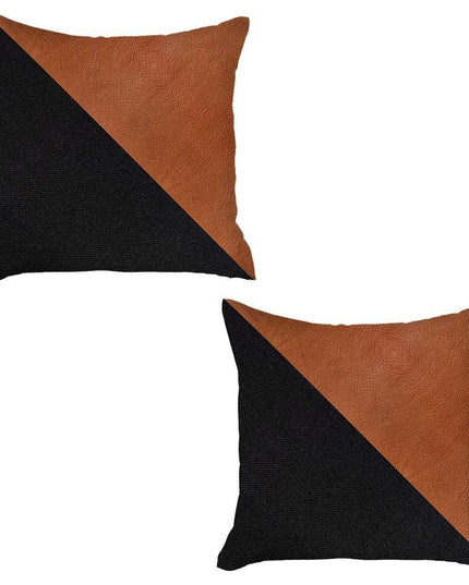 Set of Two 18" Black And Brown Faux Leather And Fabric Throw Pillow Covers