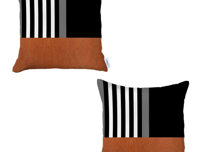 Set Of Two 18 X 18 Black And Tan Polyester Throw Pillow Cover