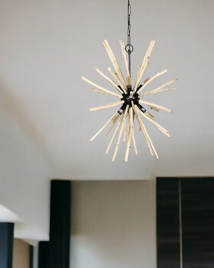 Wood And Metal Starburst Six Bulb Hanging Light