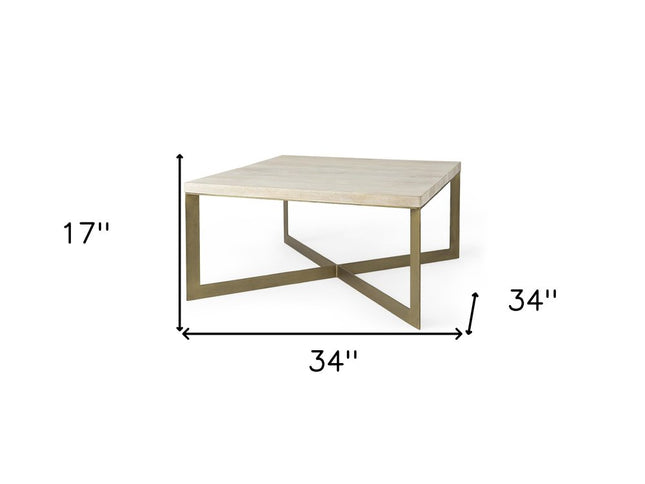 34" Beige Wood and Metal Square Coffee Table