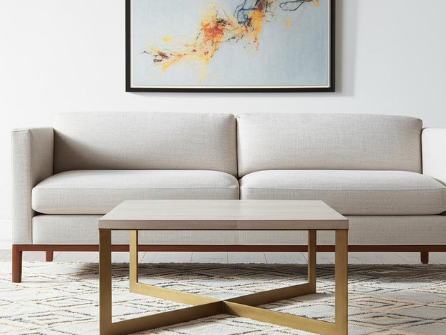 34" Beige Wood and Metal Square Coffee Table