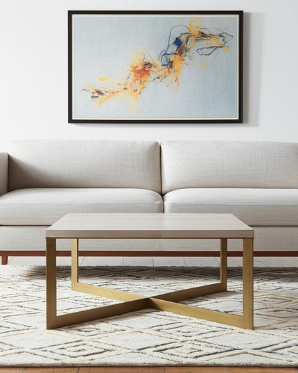 34" Beige Wood and Metal Square Coffee Table