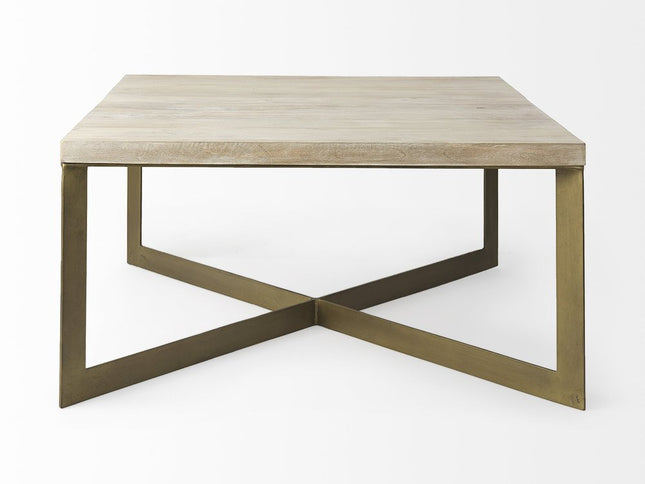 34" Beige Wood and Metal Square Coffee Table