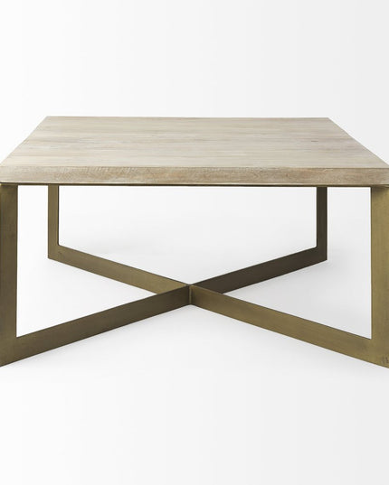 34" Beige Wood and Metal Square Coffee Table