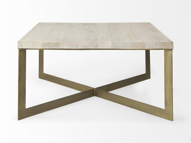 34" Beige Wood and Metal Square Coffee Table