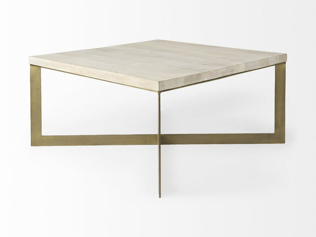 34" Beige Wood and Metal Square Coffee Table