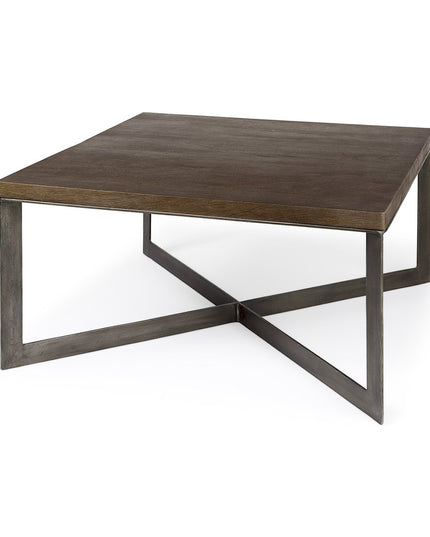 34" Brown Solid Wood and Metal Square Coffee Table
