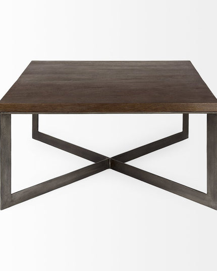 34" Brown Solid Wood and Metal Square Coffee Table