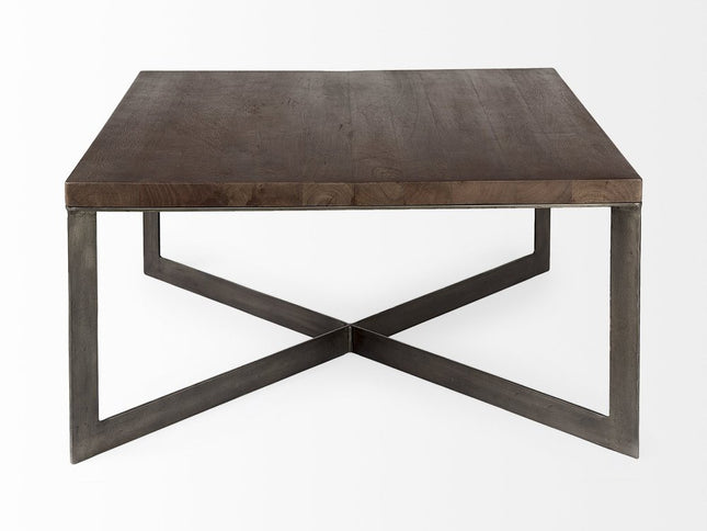 34" Brown Solid Wood and Metal Square Coffee Table