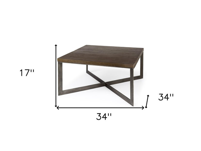 34" Brown Solid Wood and Metal Square Coffee Table