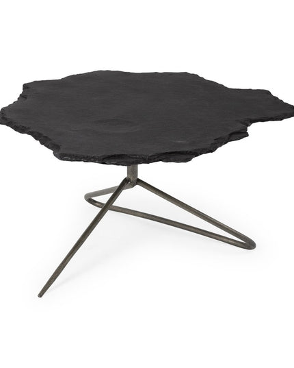 33" Black Wood and Metal Round Pedestal Coffee Table