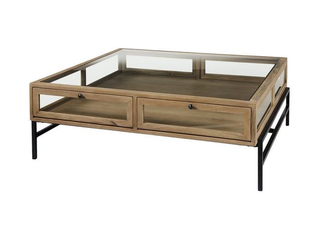 42" Clear and Black Glass and Metal Square Coffee Table With Two Drawers And Shelf