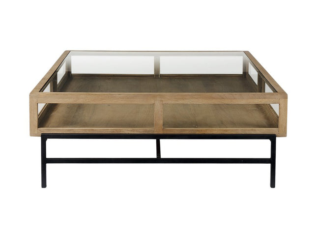 42" Clear and Black Glass and Metal Square Coffee Table With Two Drawers And Shelf