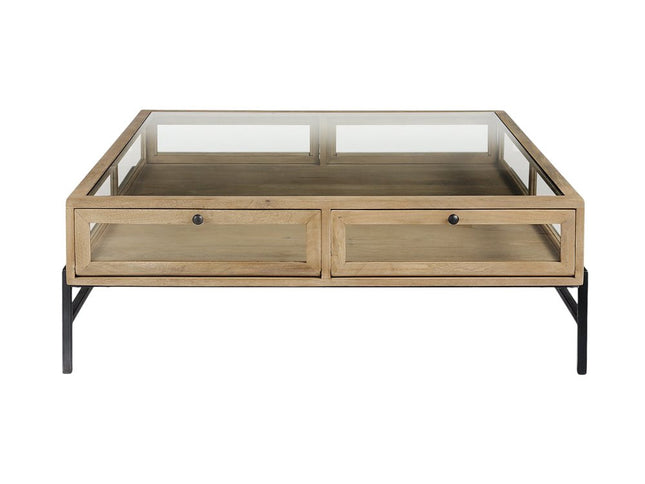 42" Clear and Black Glass and Metal Square Coffee Table With Two Drawers And Shelf