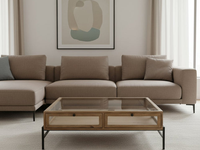 42" Clear and Black Glass and Metal Square Coffee Table With Two Drawers And Shelf