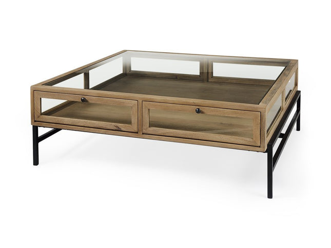 42" Clear and Black Glass and Metal Square Coffee Table With Two Drawers And Shelf