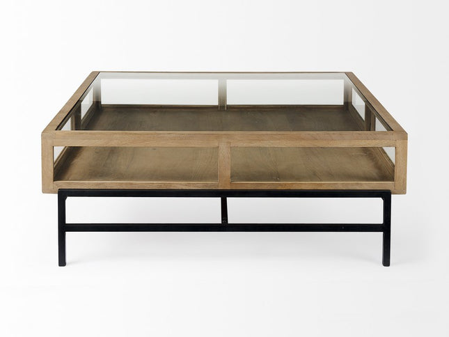 42" Clear and Black Glass and Metal Square Coffee Table With Two Drawers And Shelf