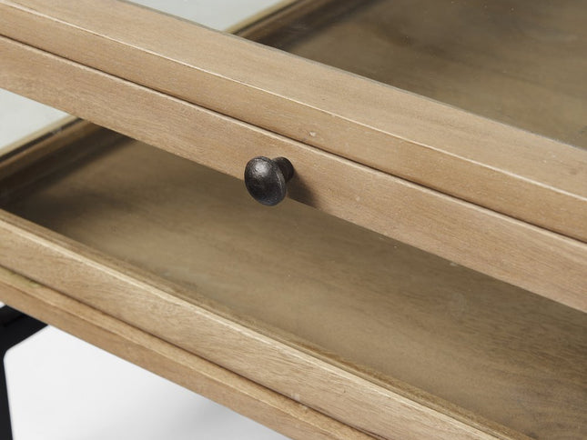 42" Clear and Black Glass and Metal Square Coffee Table With Two Drawers And Shelf