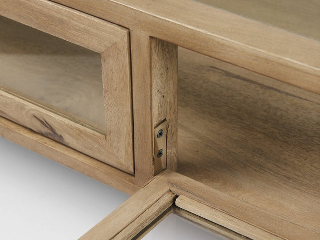 42" Clear and Black Glass and Metal Square Coffee Table With Two Drawers And Shelf