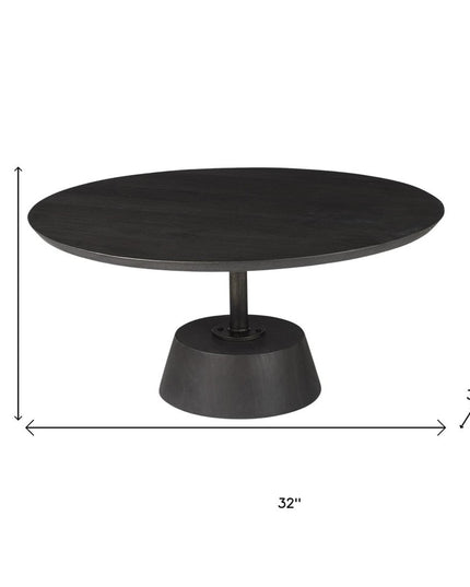 32" Dark Brown and Black Solid Wood and Iron Round Pedestal Coffee Table