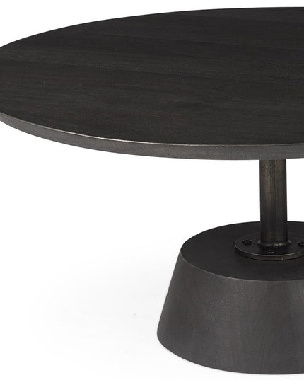 32" Dark Brown and Black Solid Wood and Iron Round Pedestal Coffee Table
