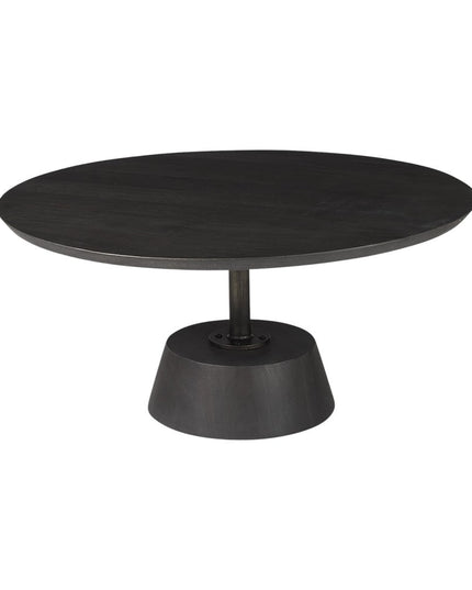 32" Dark Brown and Black Solid Wood and Iron Round Pedestal Coffee Table