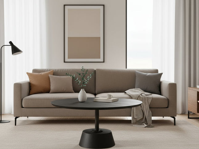 32" Dark Brown and Black Solid Wood and Iron Round Pedestal Coffee Table