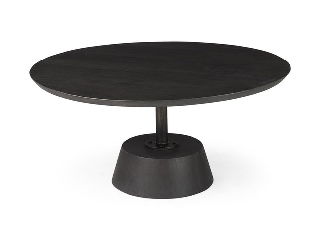 32" Dark Brown and Black Solid Wood and Iron Round Pedestal Coffee Table