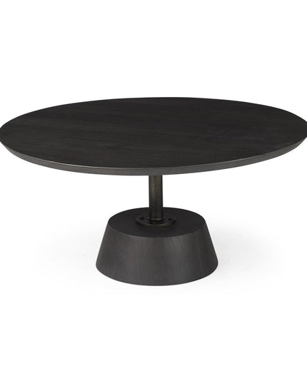 32" Dark Brown and Black Solid Wood and Iron Round Pedestal Coffee Table